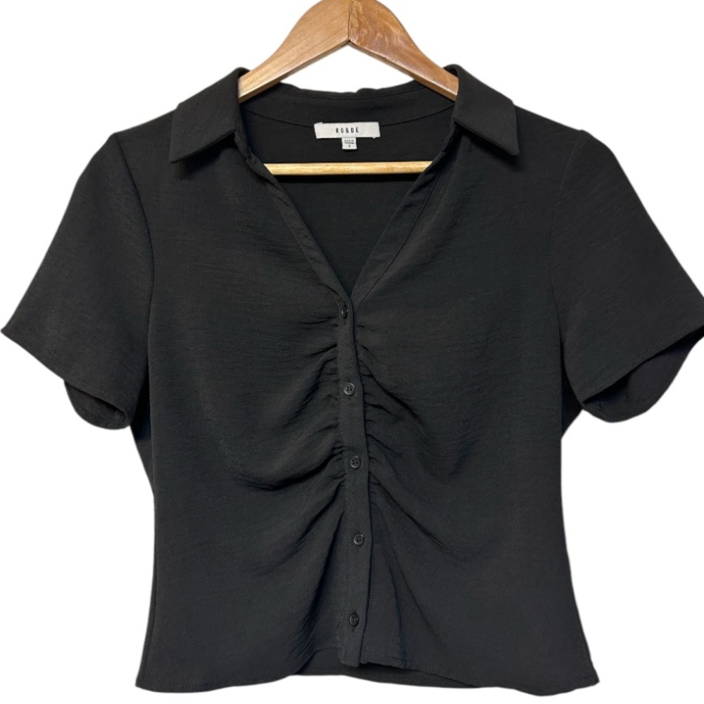 Anthropologie Black Ruched Button-Up Top